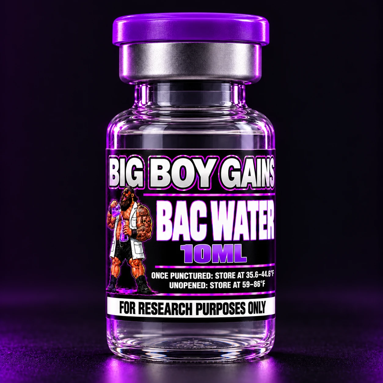 BAC Water 10 mL bottle with original purple Big Boy Gains scientist label