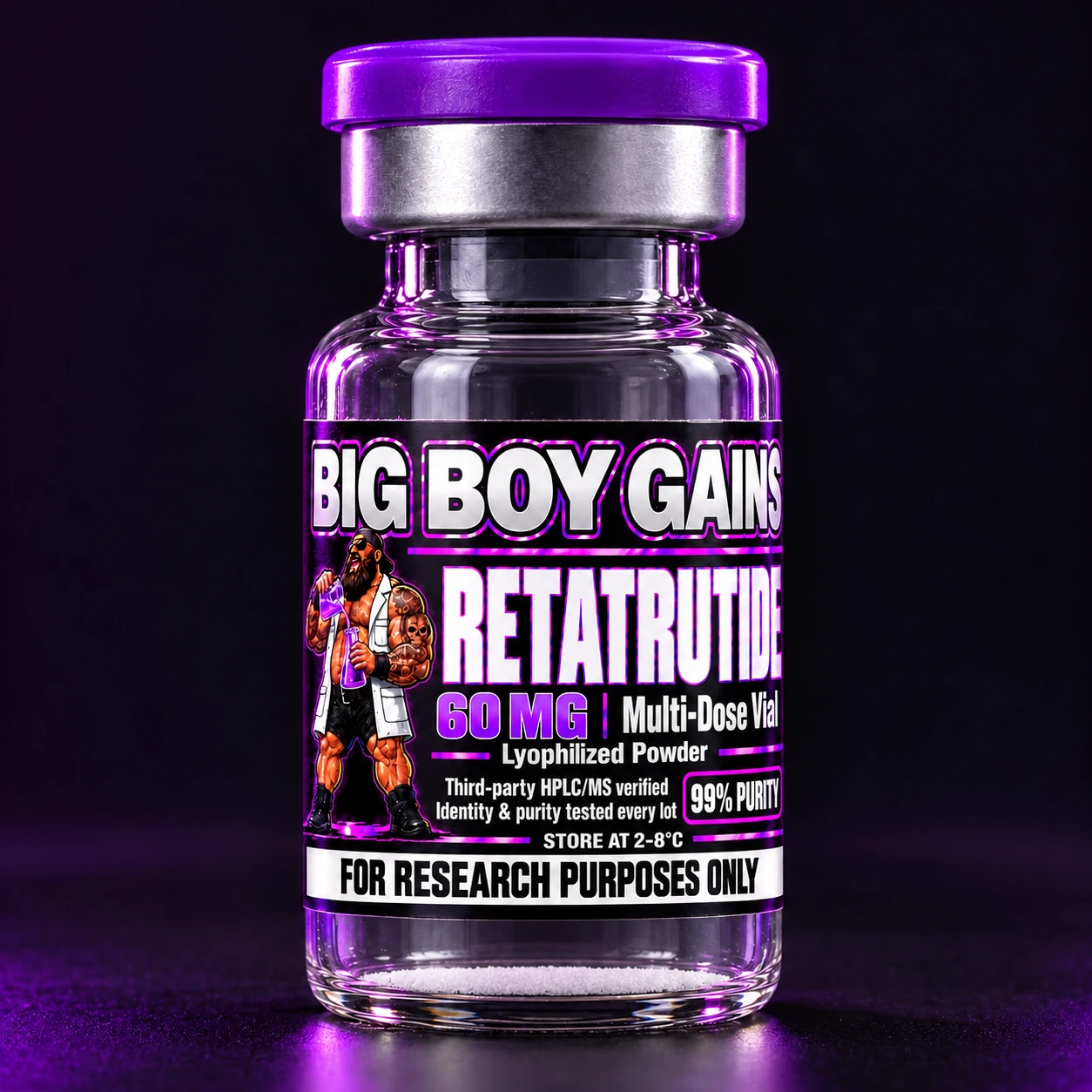 Big Boy Gains Retatrutide 60 mg vial with purple label and original scientist mascot